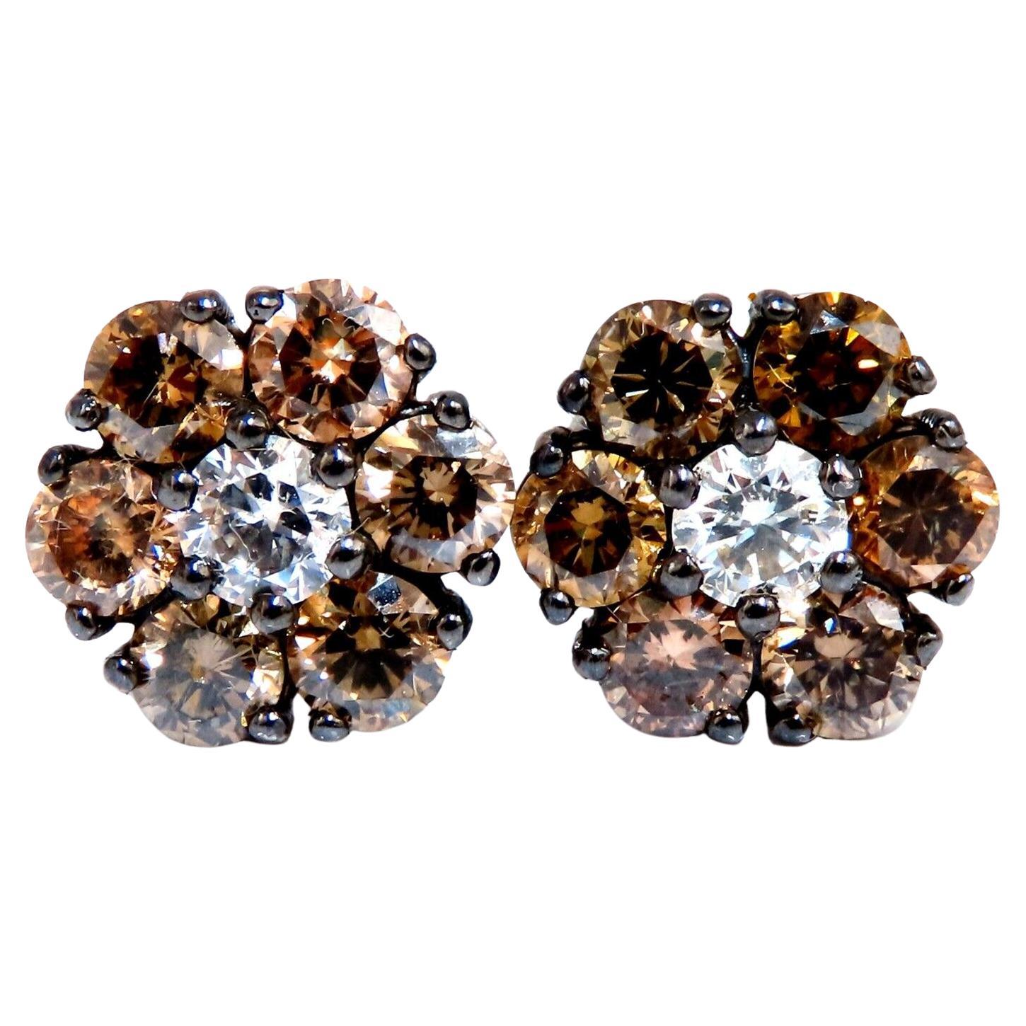 2.71 Carat Natural Round Diamond Cluster Earrings 14 Karat Fancy Browns For Sale