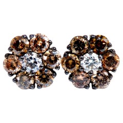 Boucles d'oreilles grappe de diamants ronds naturels de 2,71ct. 14 carats Fancy Browns
