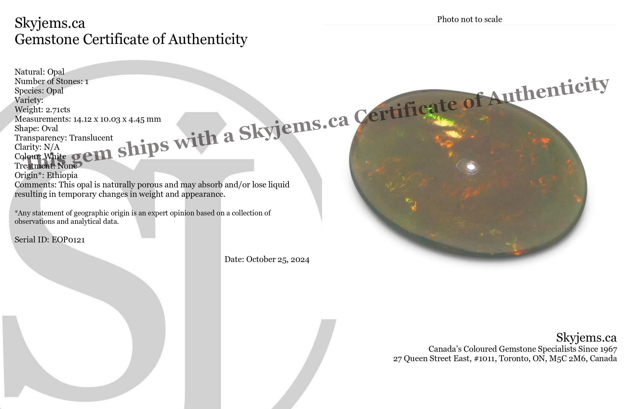 Beschreibung:

Edelstein-Typ: Opal 
Anzahl von Steinen: 1
Gewicht: 2,71 ct.
Abmessungen: 14,12 x 10,03 x 4,45 mm mm
Die Form: Oval
Schliffart: Cabochon
Schnittstil Krone: 
Cutting Style Pavilion:  
Durchsichtigkeit: Transluzent
Klarheit: N/A
Farbe: