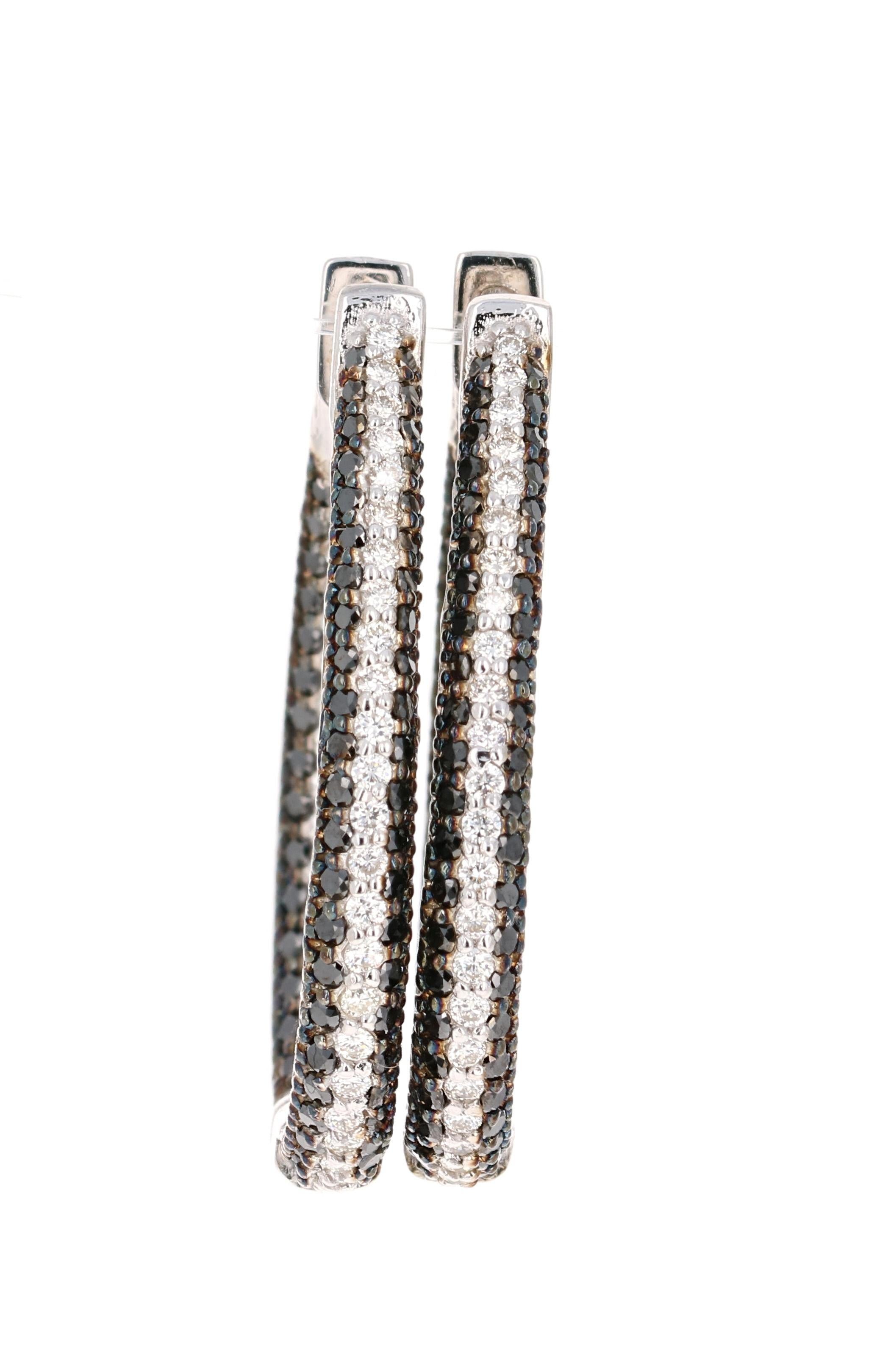 Contemporary 2.72 Carat Black Diamond White Diamond White Gold Hoop Earrings For Sale