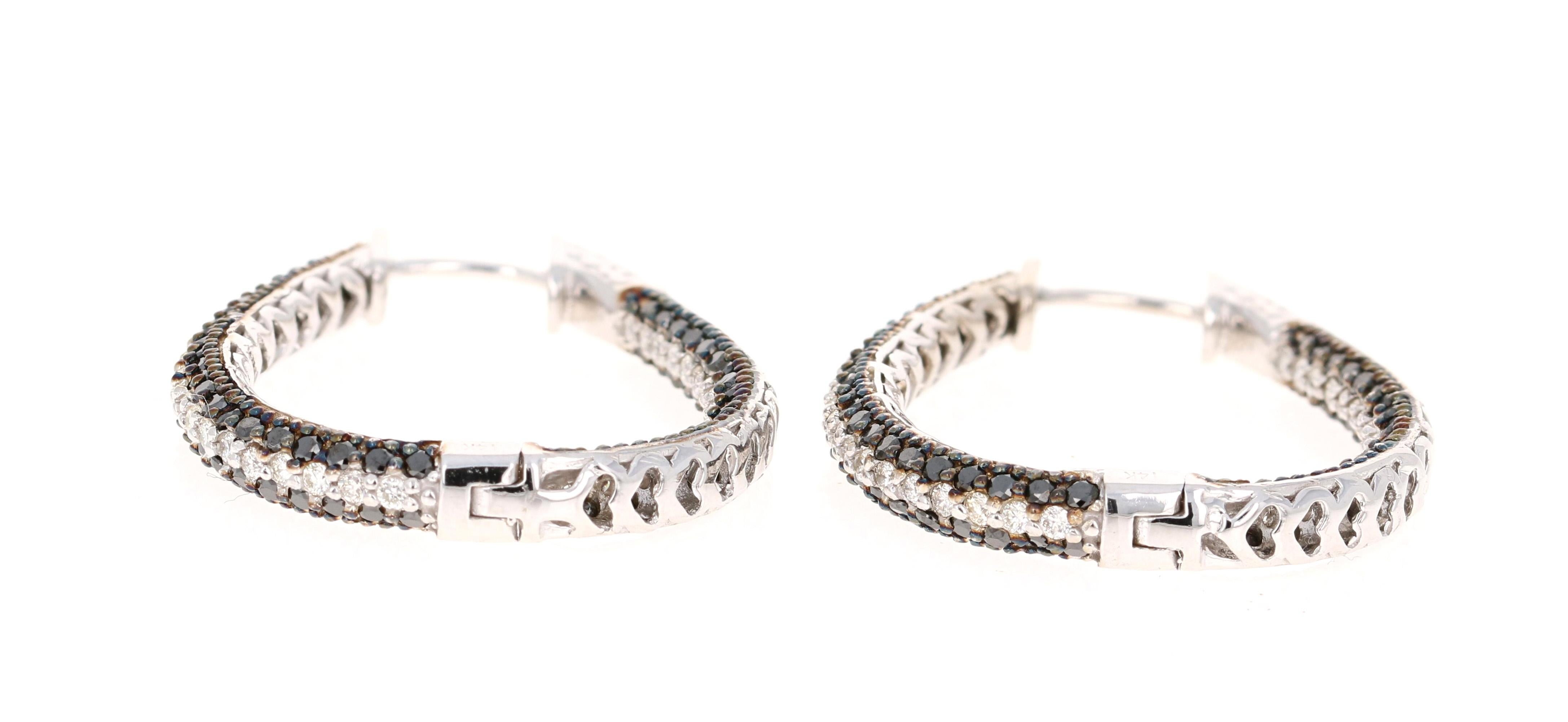 Round Cut 2.72 Carat Black Diamond White Diamond White Gold Hoop Earrings For Sale