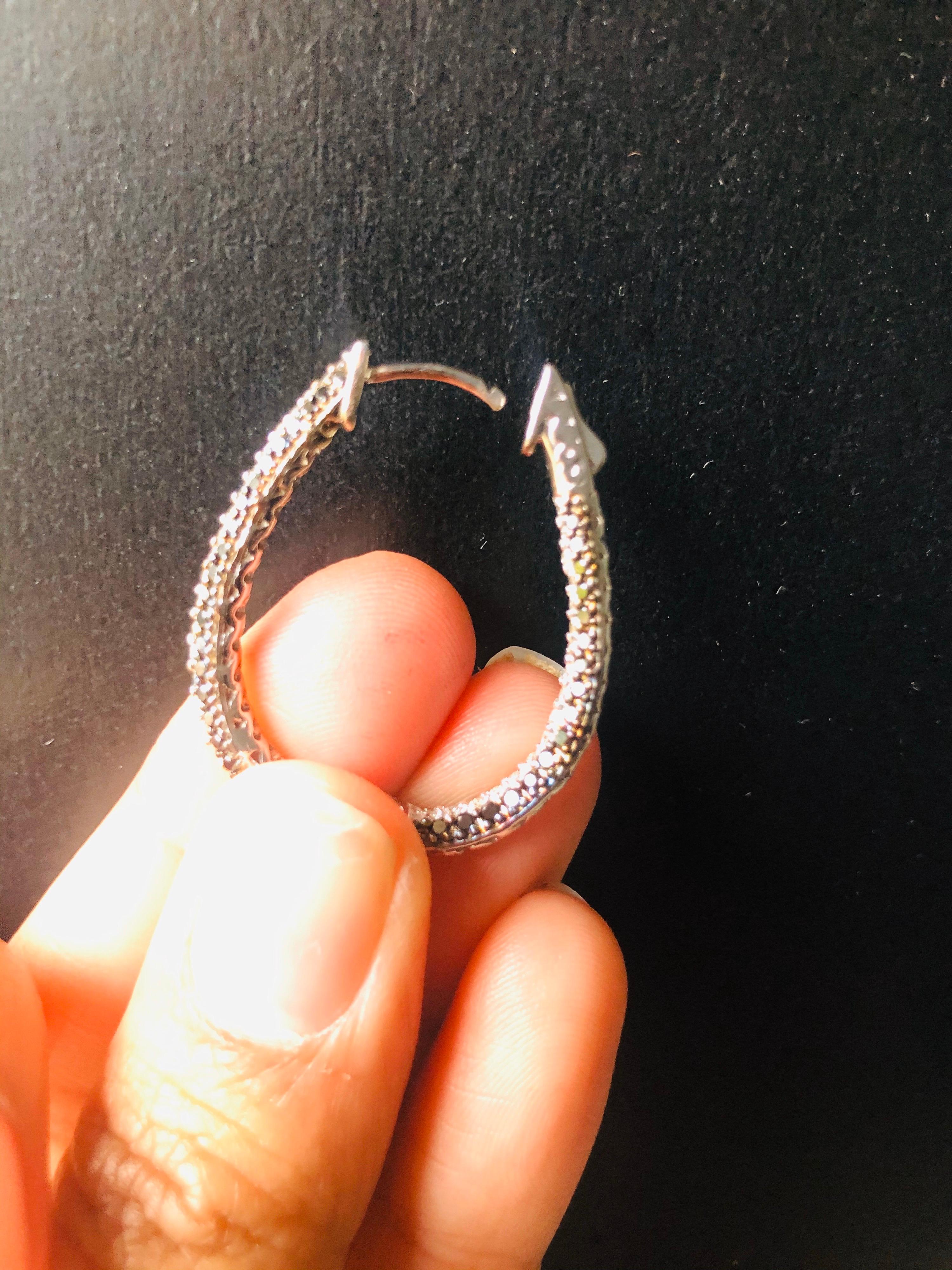 2.72 Carat Black Diamond White Diamond White Gold Hoop Earrings For Sale 1