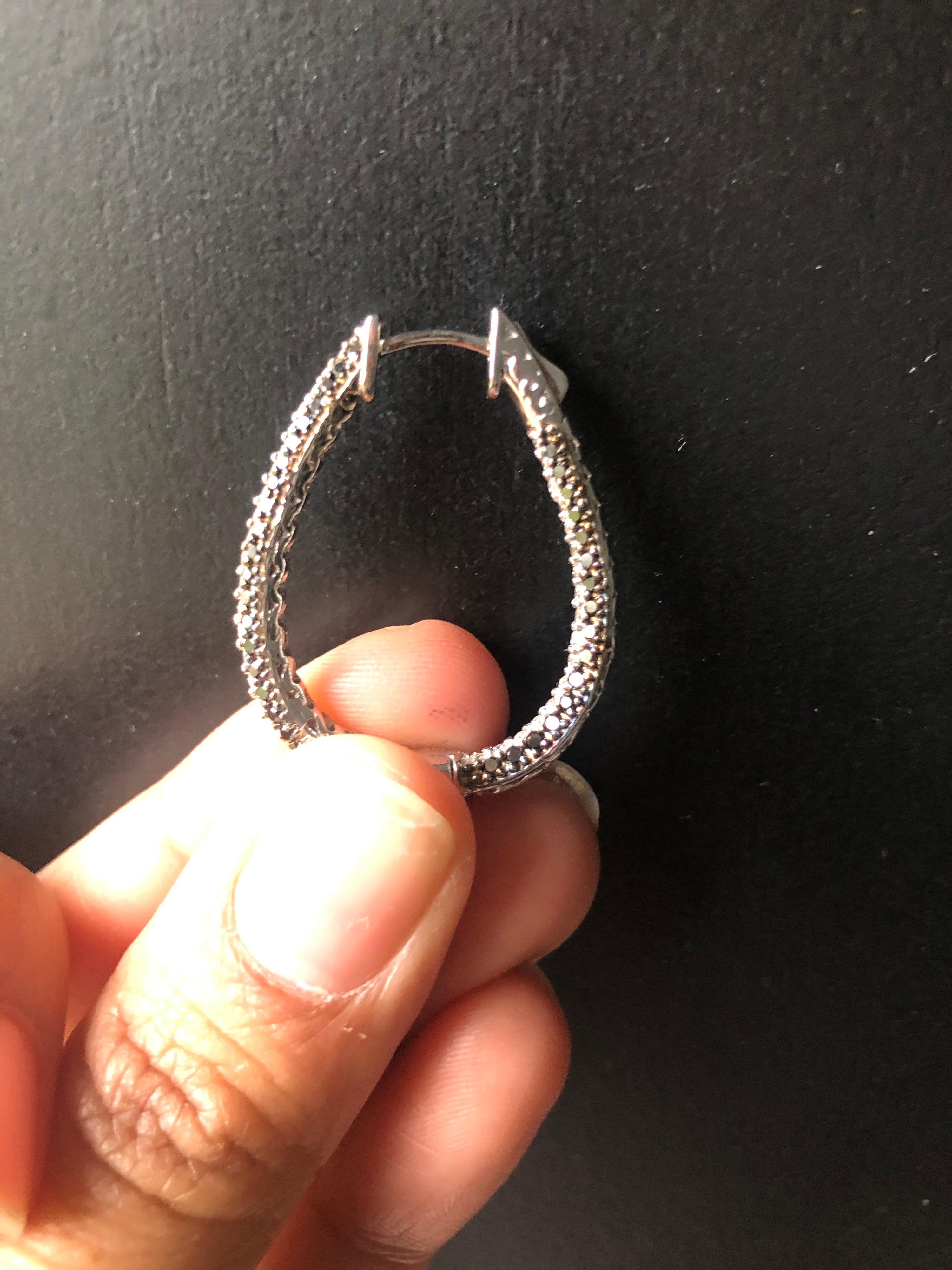 2.72 Carat Black Diamond White Diamond White Gold Hoop Earrings For Sale 2