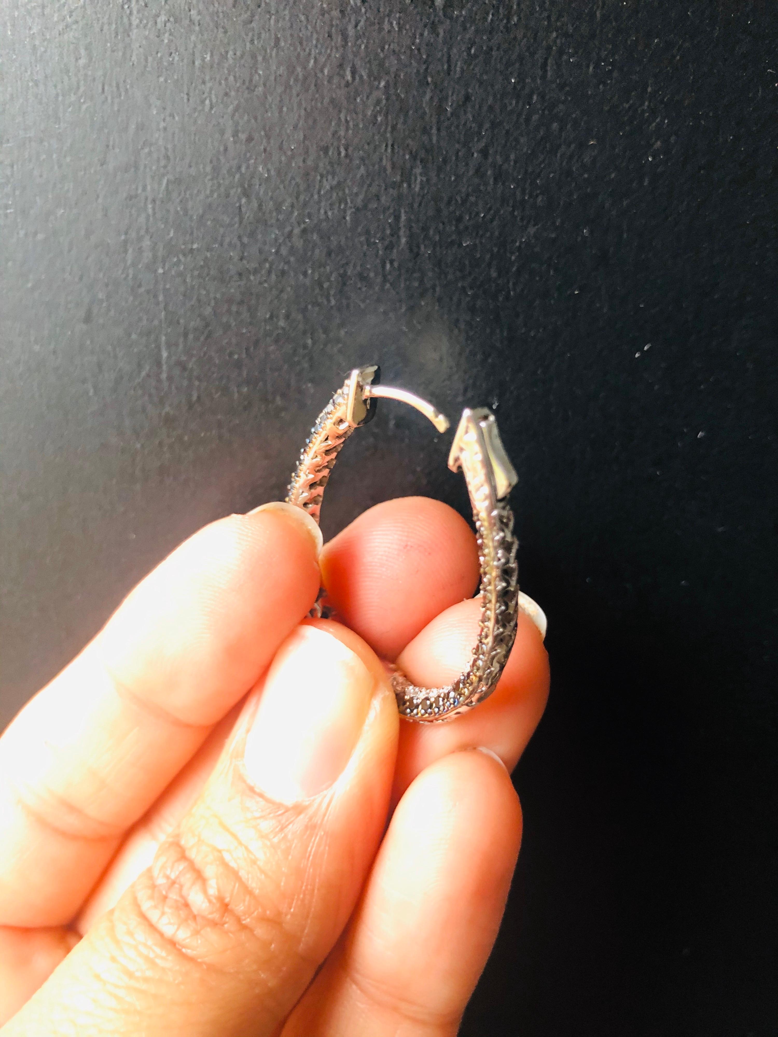 2.72 Carat Black Diamond White Diamond White Gold Hoop Earrings For Sale 3