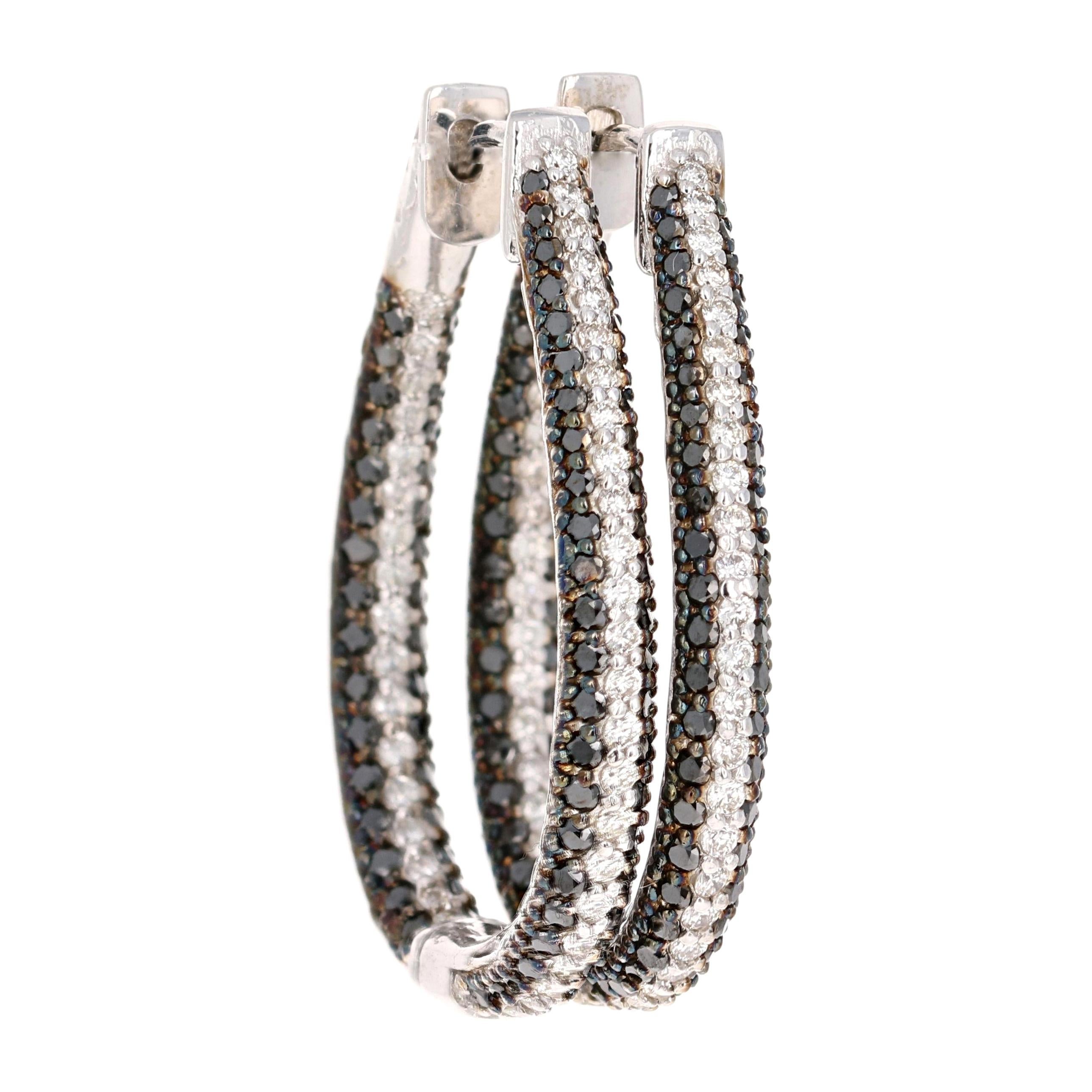 2.72 Carat Black Diamond White Diamond White Gold Hoop Earrings