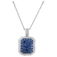 2.72 Carat Invisible Set Sapphire Diamond Halo Gold Pendant Necklace