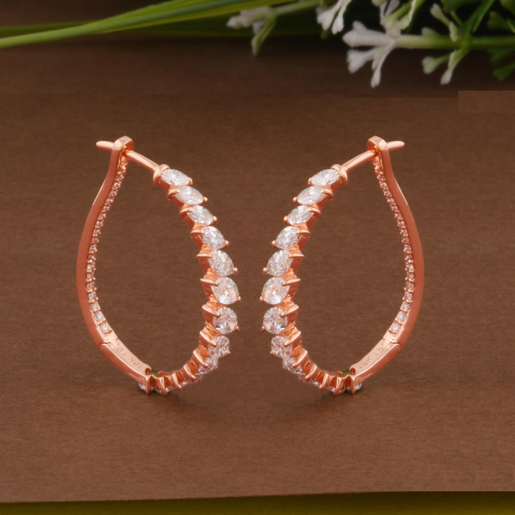 2.72 Carat Marquise Diamond Hoop Earrings 18 Karat Rose Gold Handmade Jewelry For Sale 1