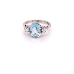 2.72 Carat Oval Cut Aquamarine and Diamond 3 Stone Ring in 18K White Gold
