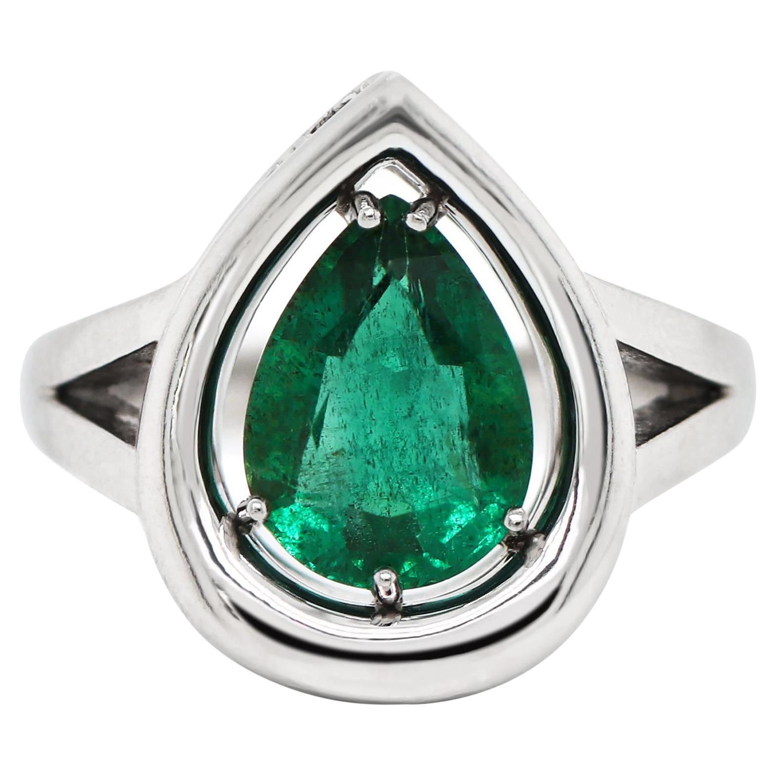 2.72 Carat Pear Shaped Emerald Platinum Ring