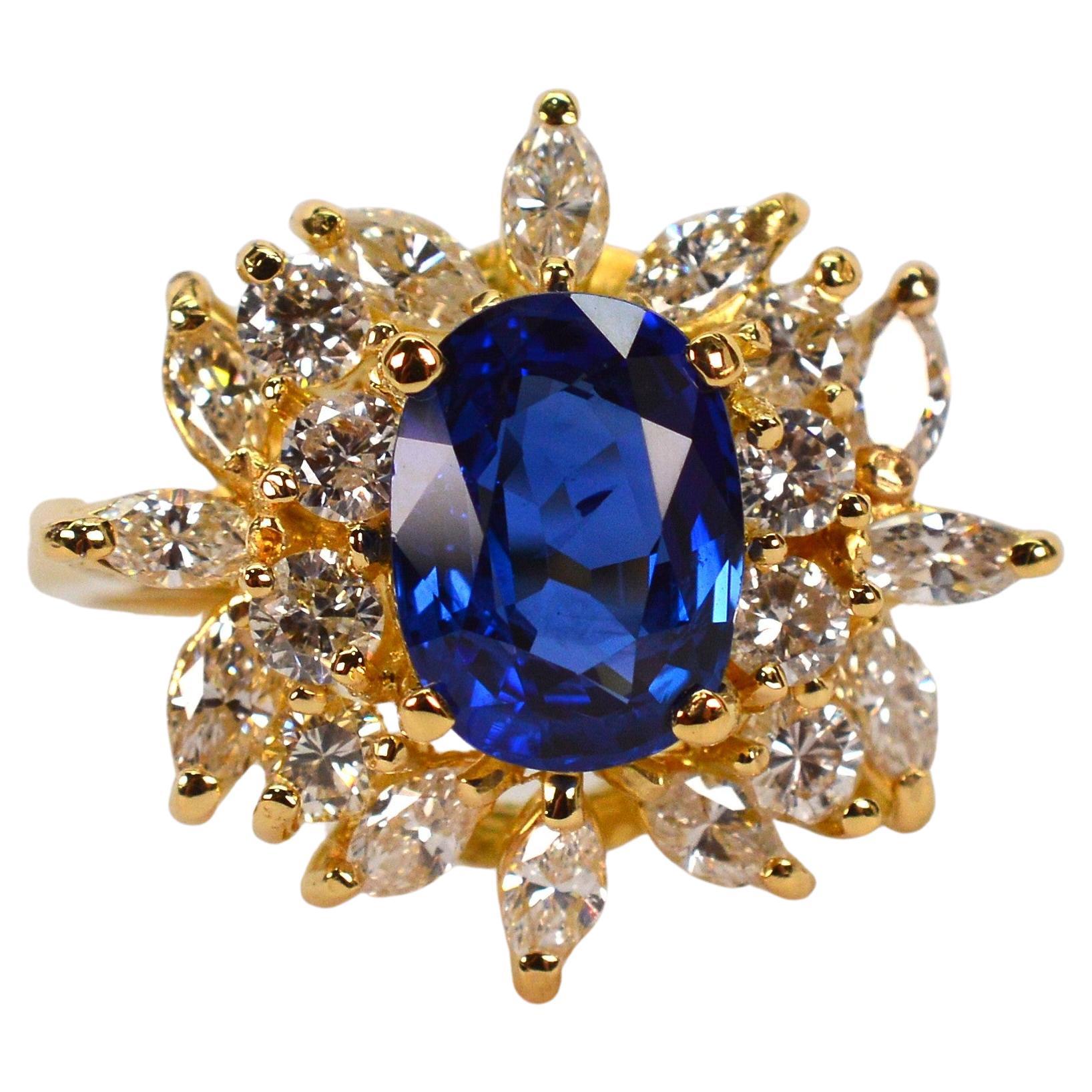 2.72 Carat Sapphire Diamond 18K Yellow Gold Engagement Ring w GAL Certificate