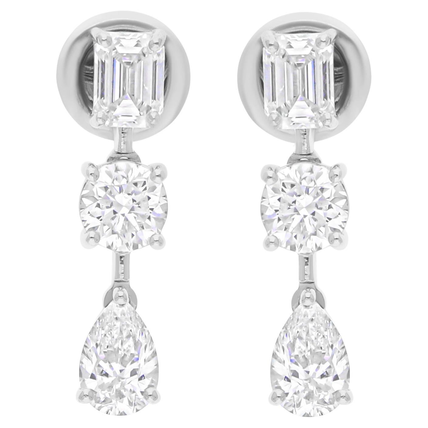 2.72 Carat SI/H Pear Emerald Cut Diamond Earrings 18 Karat White Gold Jewelry