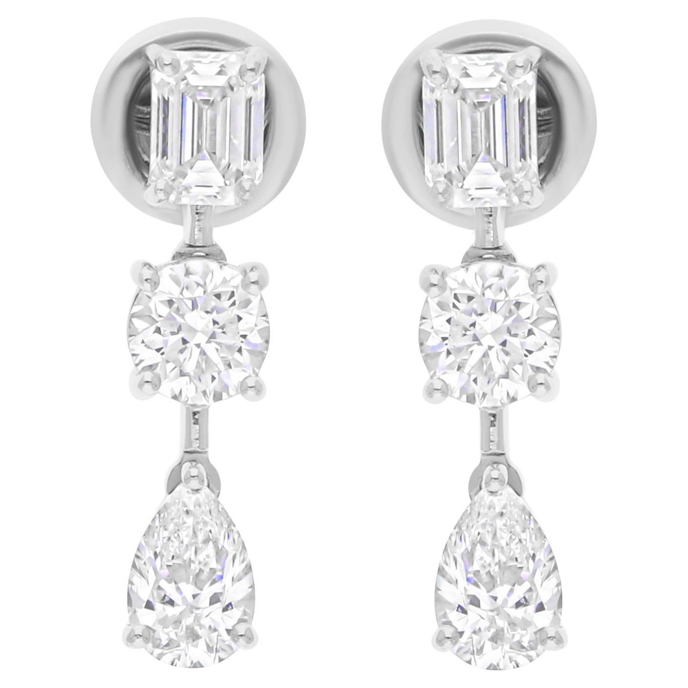 2.72 Carat SI/H Pear Emerald Cut Diamond Earrings 18 Karat White Gold Jewelry