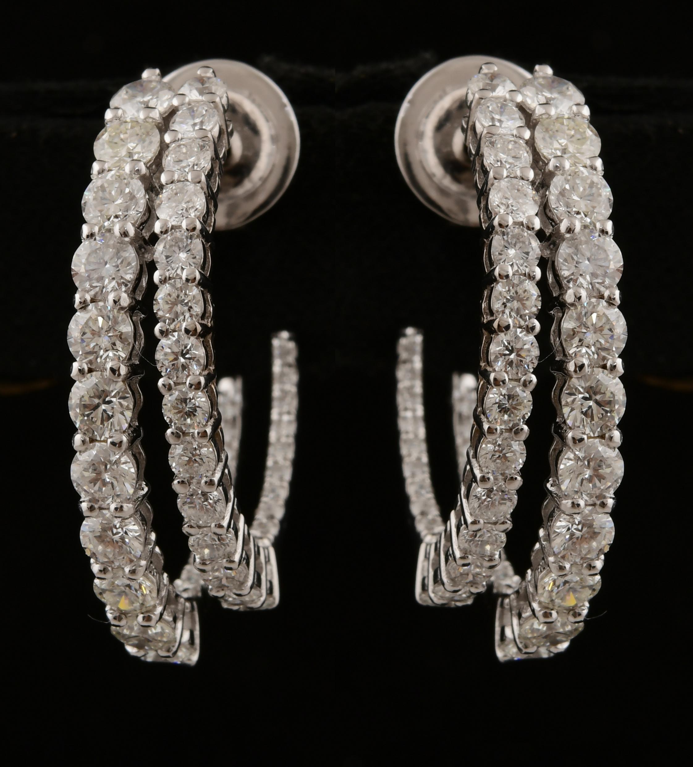 Women's 2.72 Carat SI/H Round Brilliant Cut Diamond Hoop Earrings 18 Karat White Gold For Sale