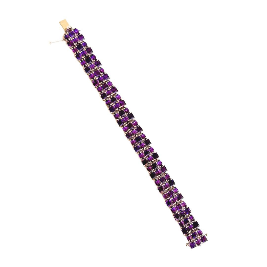 Art Deco 27.2 Carat Wide Purple Amethyst Tennis Gemstone Bracelet in 925 Sterling Silver For Sale