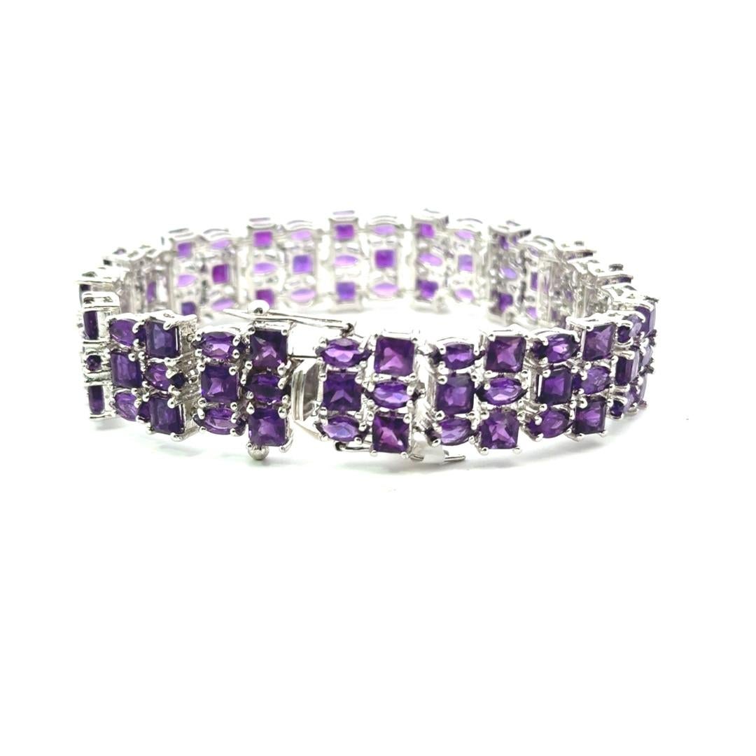 Mixed Cut 27.2 Carat Wide Purple Amethyst Tennis Gemstone Bracelet in 925 Sterling Silver For Sale