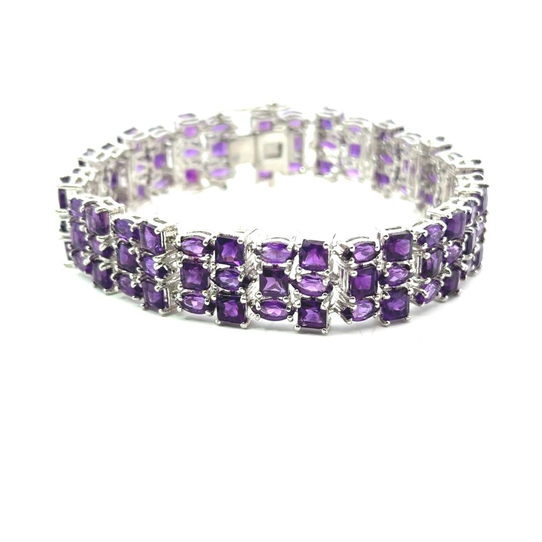 27.2 Carat Wide Purple Amethyst Tennis Gemstone Bracelet in 925 Sterling Silver In New Condition For Sale In New York, NY