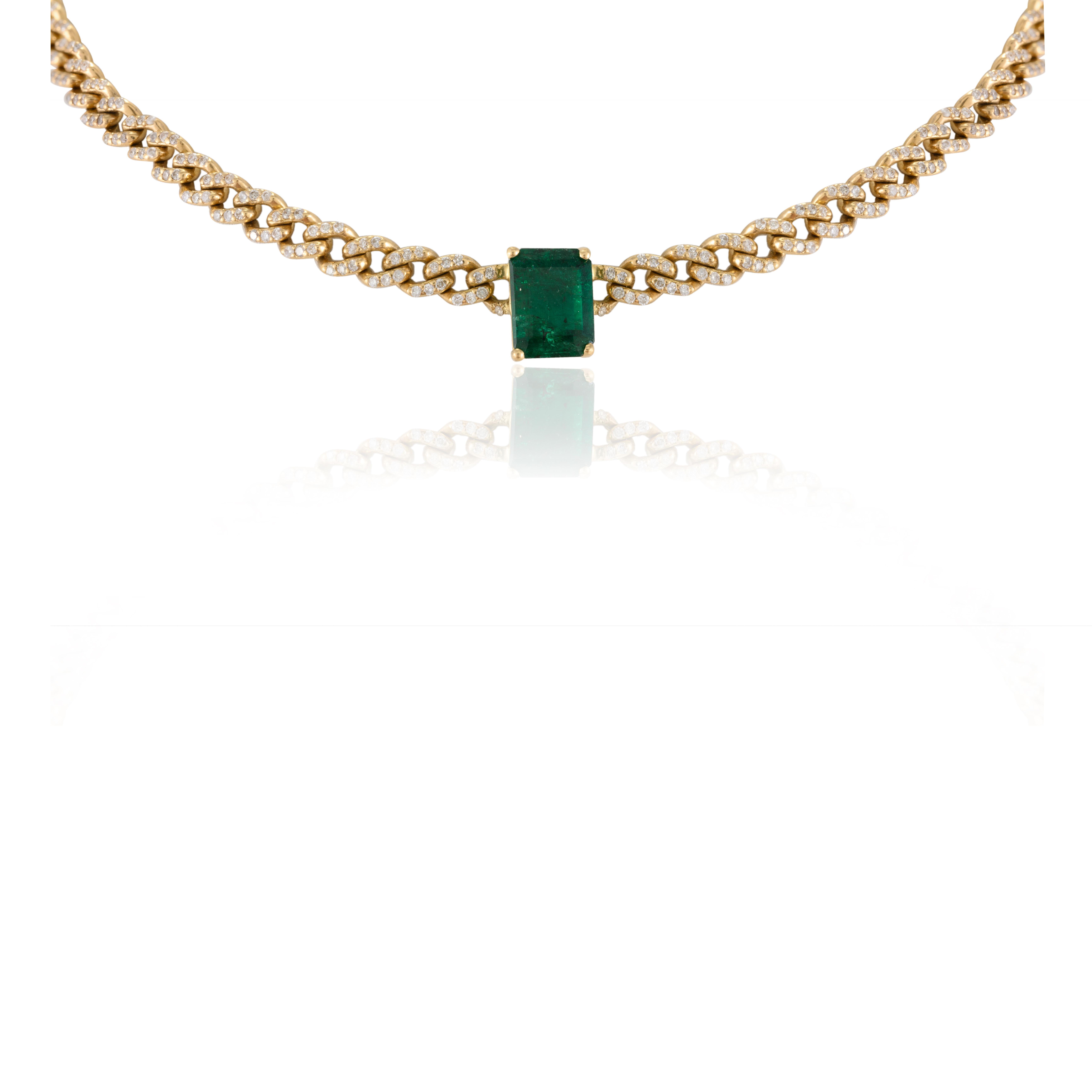 Genuine Deep Green Emerald and Diamond Curb Chain Choker Necklace in 18K Gold studded with octagon cut emeralds and diamonds studded on chain. This stunning piece of jewelry instantly elevates a casual look or dressy outfit. 
Emerald enhances