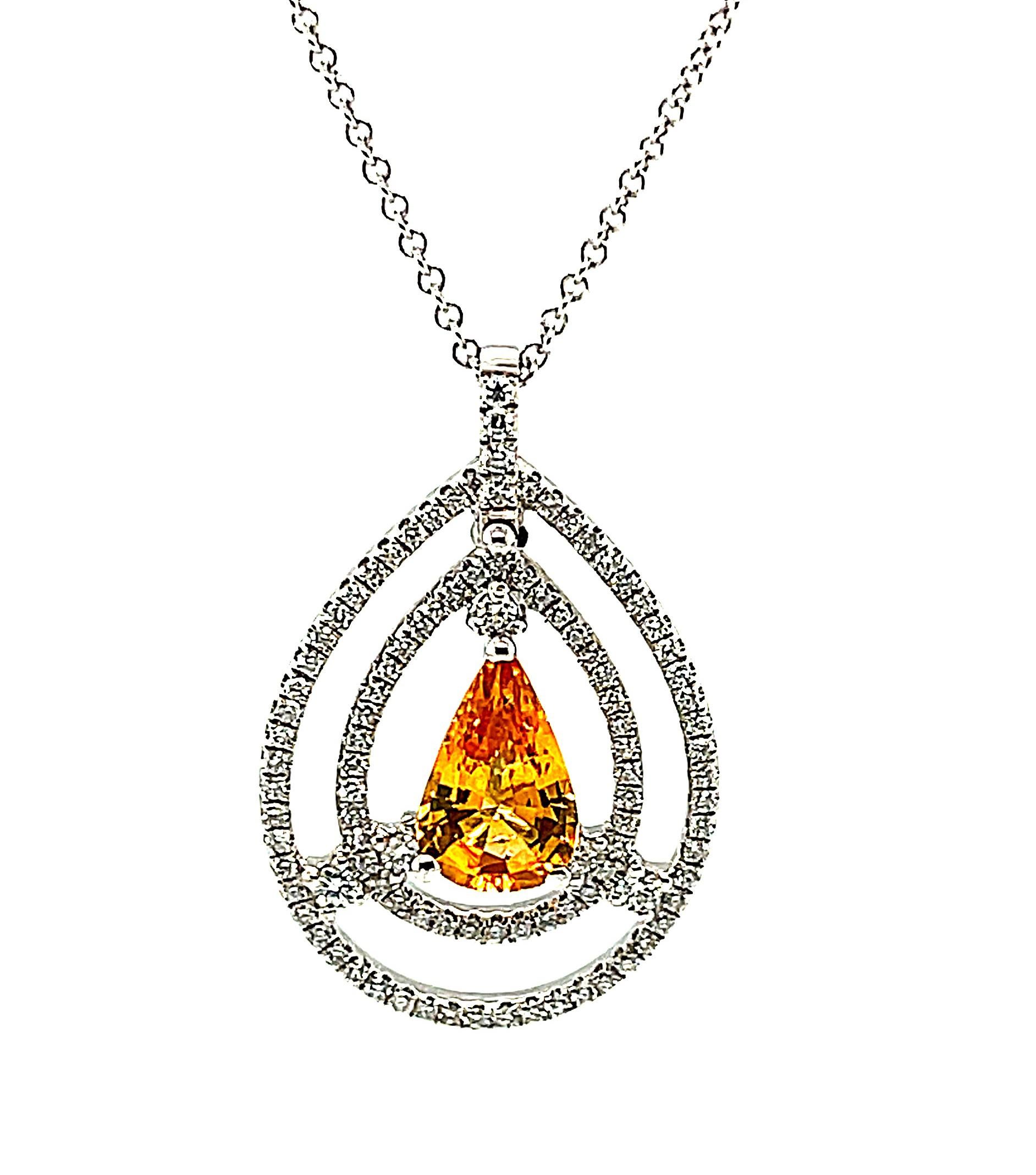 Yellow Sapphire and Floating Diamond Halo Pendant in Yellow Gold with Chain In New Condition In Los Angeles, CA
