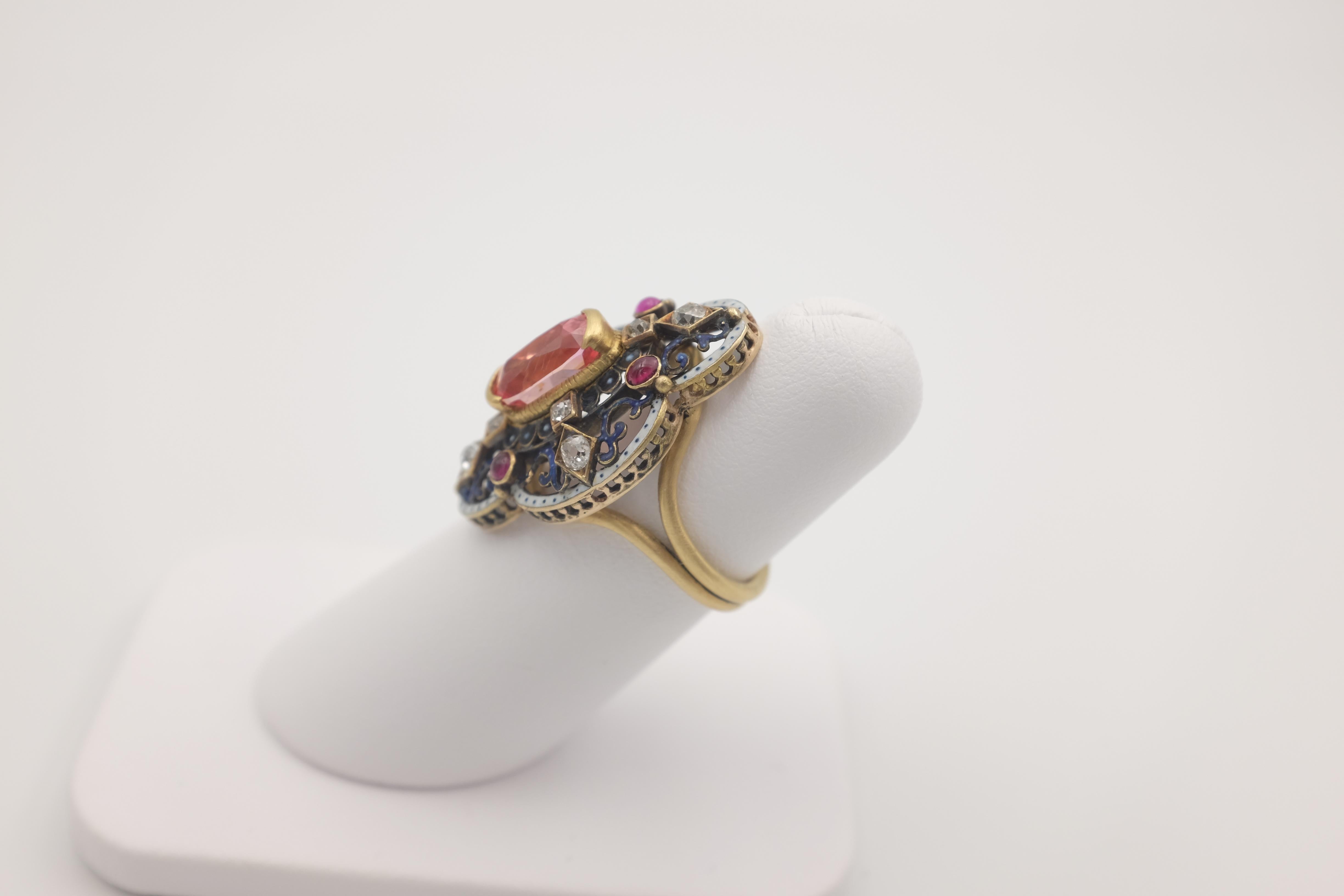 2.72 Padparasha Sapphire in Black Enamel with Gold, Rubies and Diamonds In Good Condition For Sale In Miami Beach, FL