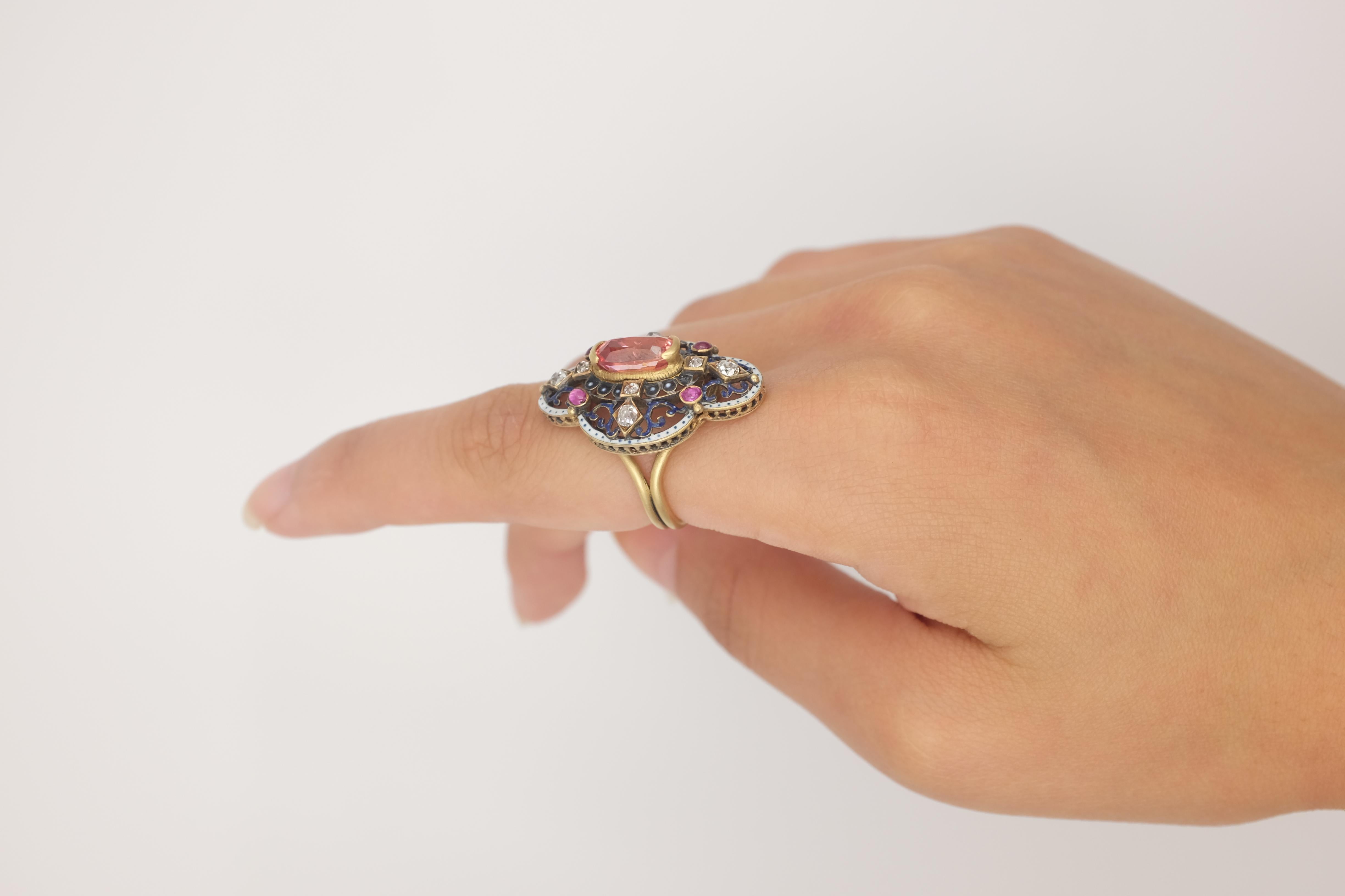 2.72 Padparasha Sapphire in Black Enamel with Gold, Rubies and Diamonds For Sale 1