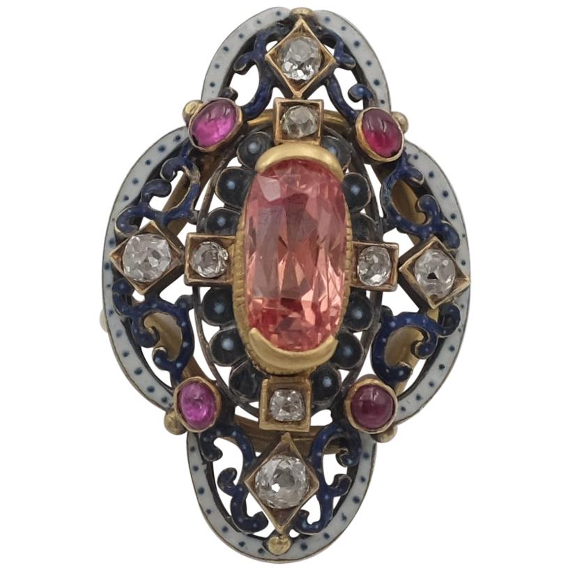 2.72 Padparasha Sapphire in Black Enamel with Gold, Rubies and Diamonds For Sale