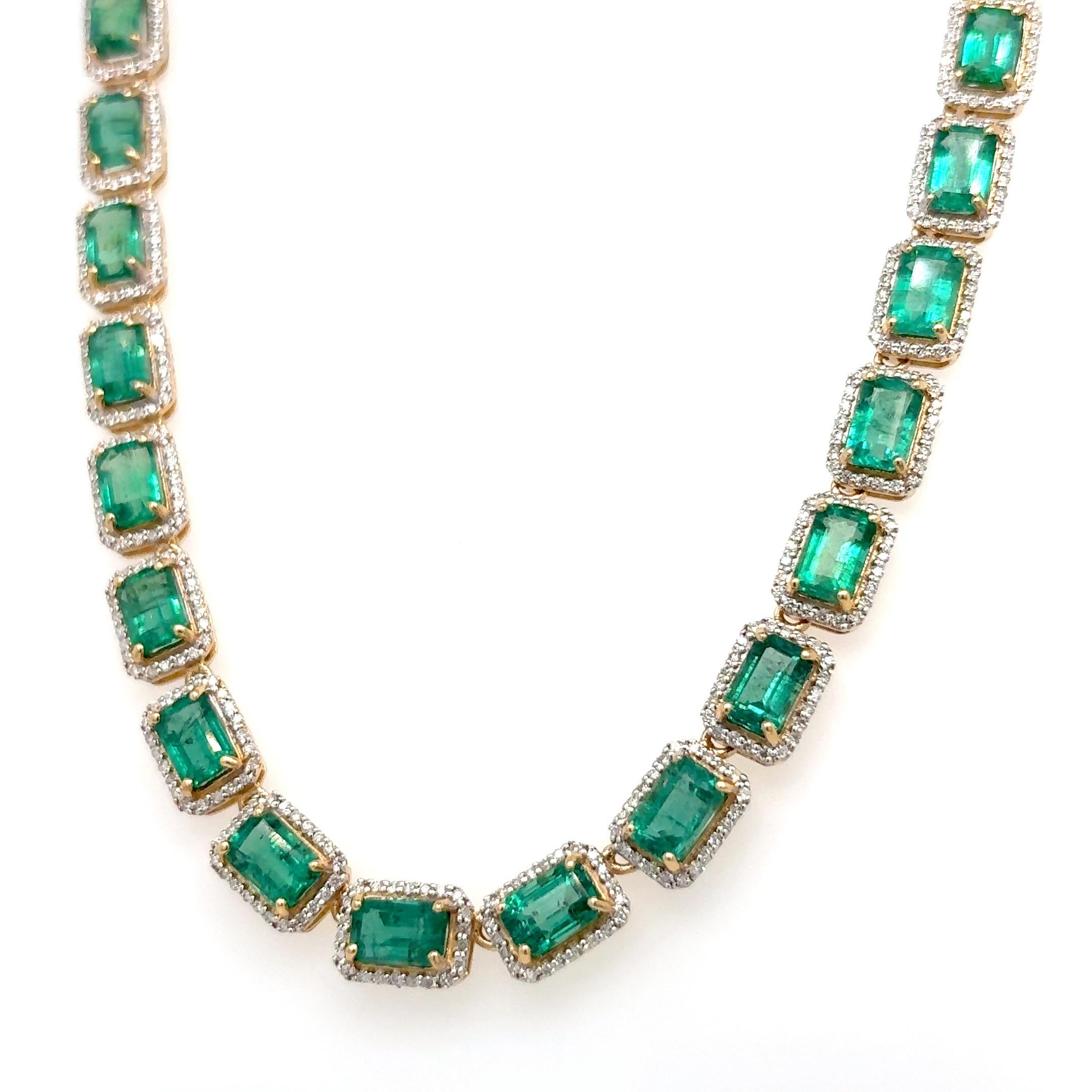 Octagon Cut 27.20 Carat Emerald Diamond Yellow Gold Necklace For Sale