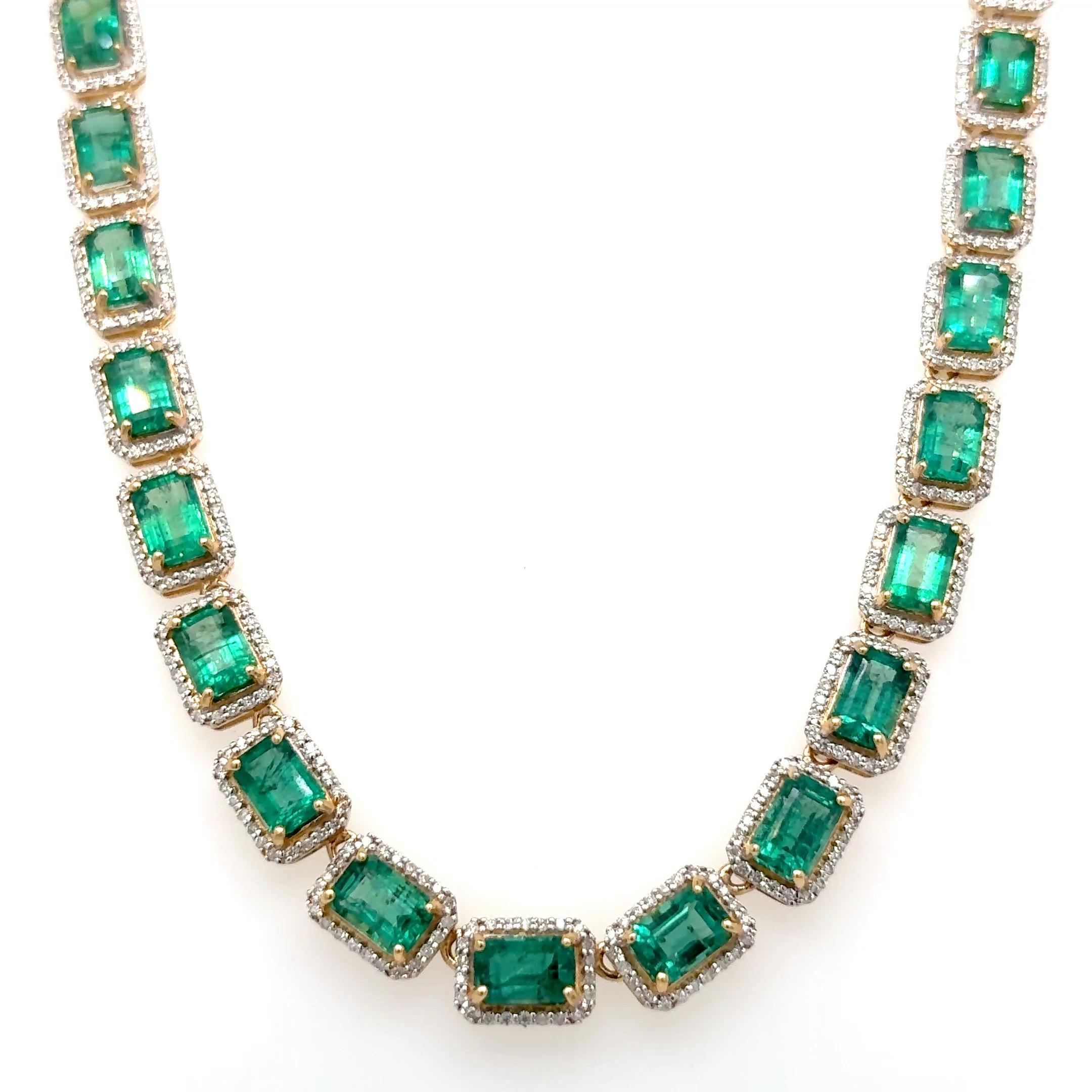 27.20 Carat Emerald Diamond Yellow Gold Necklace For Sale 3