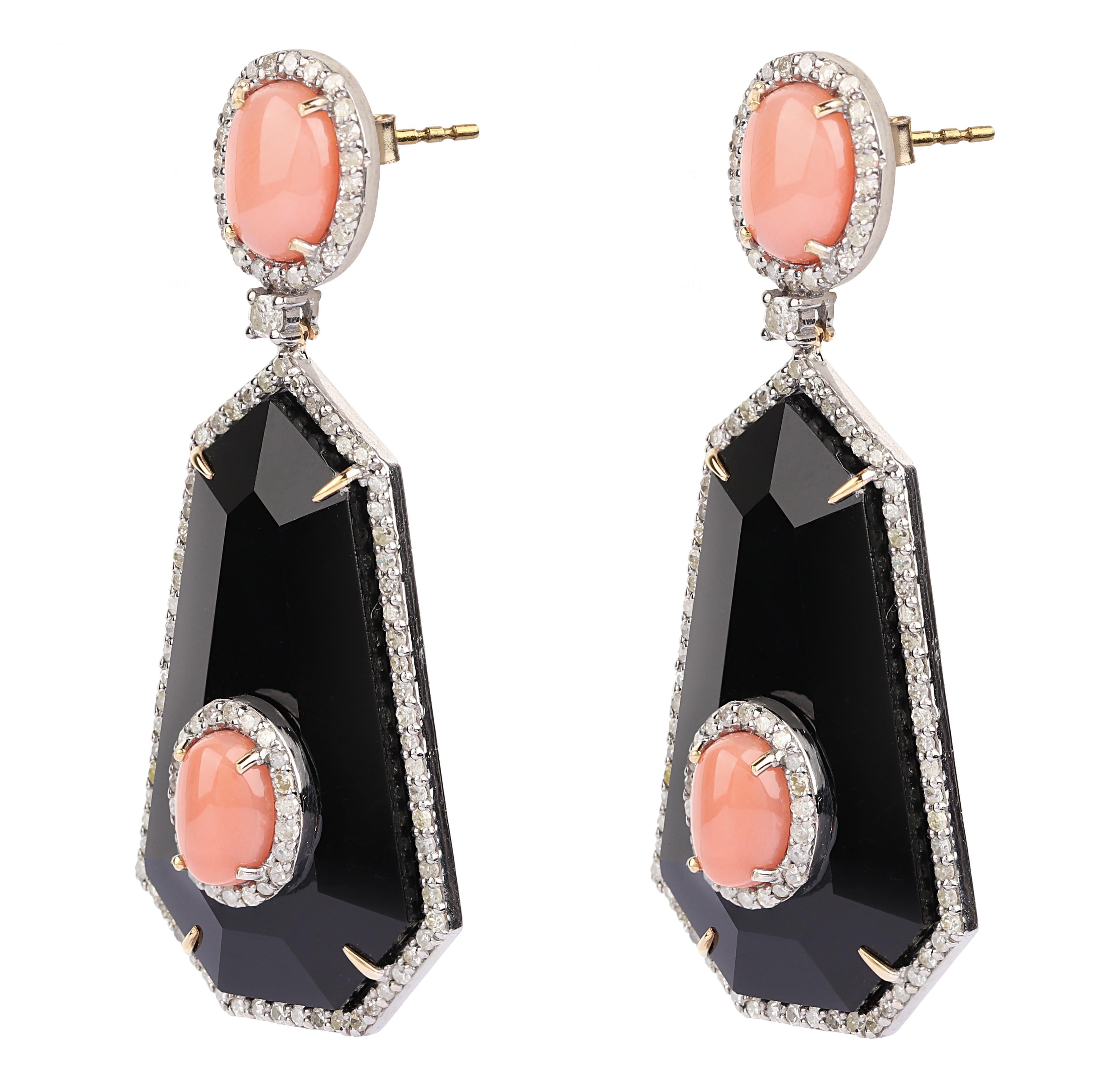 Cabochon 27.20 Carats Diamond, Coral, and Black Onyx Drop Earrings in Modern Style For Sale