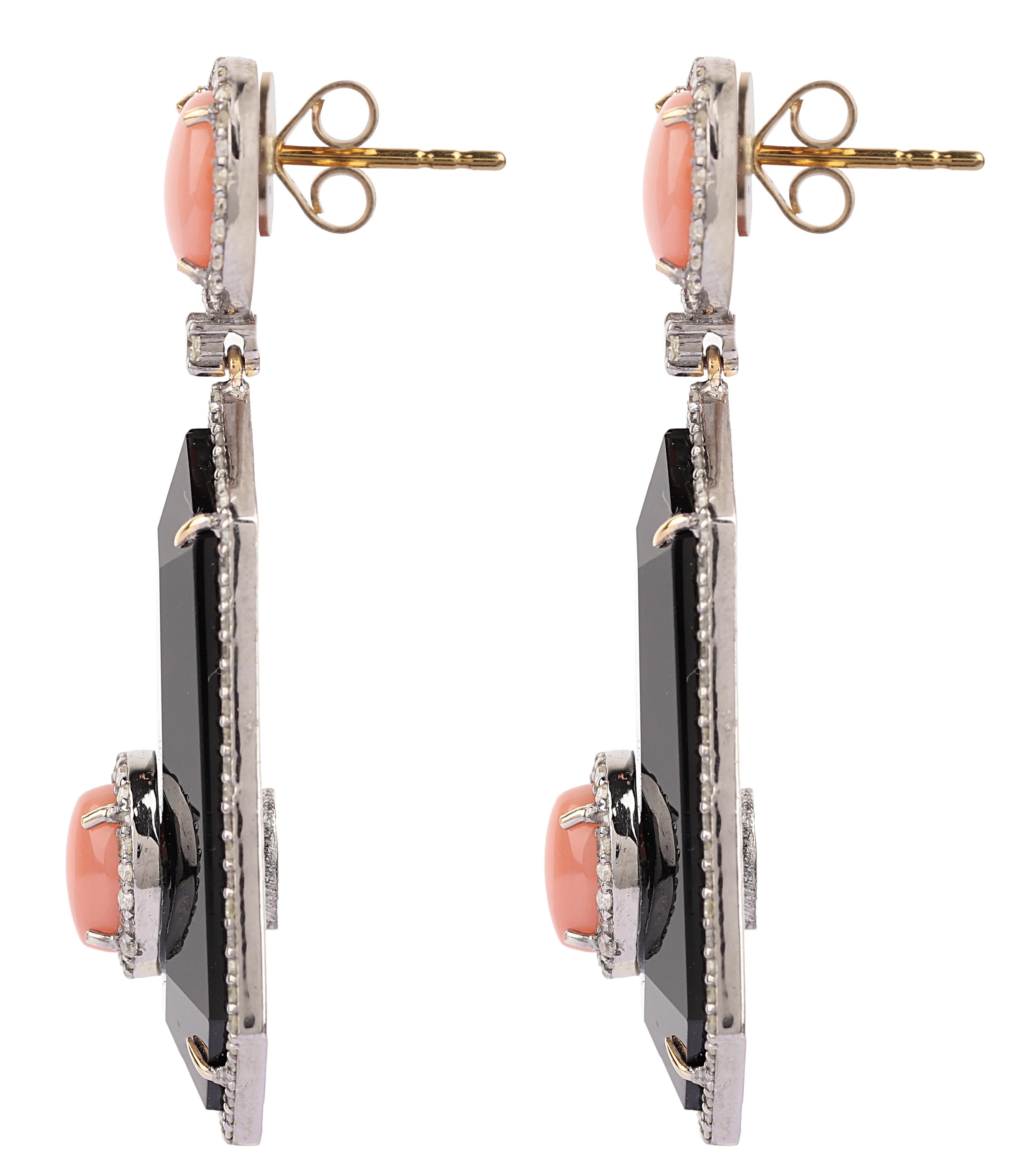 27.20 Carats Diamond, Coral, and Black Onyx Drop Earrings in Modern Style For Sale 1