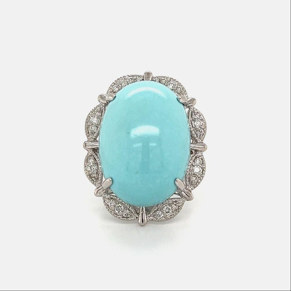 Modern 27.23 Carat Oval Cabochon Persian Turquoise and Diamond Vintage Platinum Ring