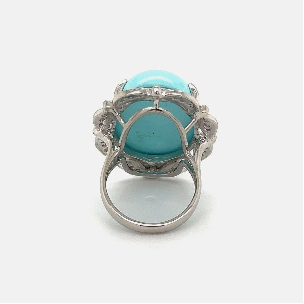Oval Cut 27.23 Carat Oval Cabochon Persian Turquoise and Diamond Vintage Platinum Ring
