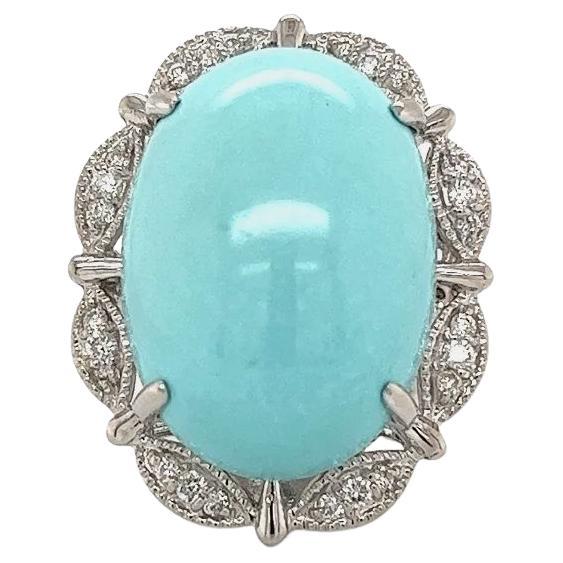 27.23 Carat Oval Cabochon Persian Turquoise and Diamond Vintage Platinum Ring