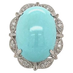 27.23 Carat Oval Cabochon Persian Turquoise and Diamond Vintage Platinum Ring