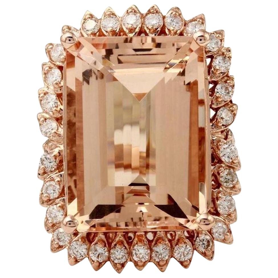 Bague en or rose massif 14 carats avec diamants et morganite naturelle de 27,25 carats