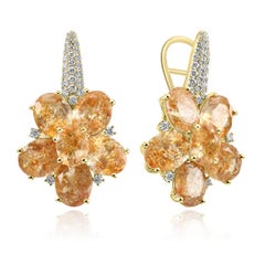 27.26 Ct Sunstone Ovals & White Diamond Rounds, 14K Yellow Gold Fashion Earrings