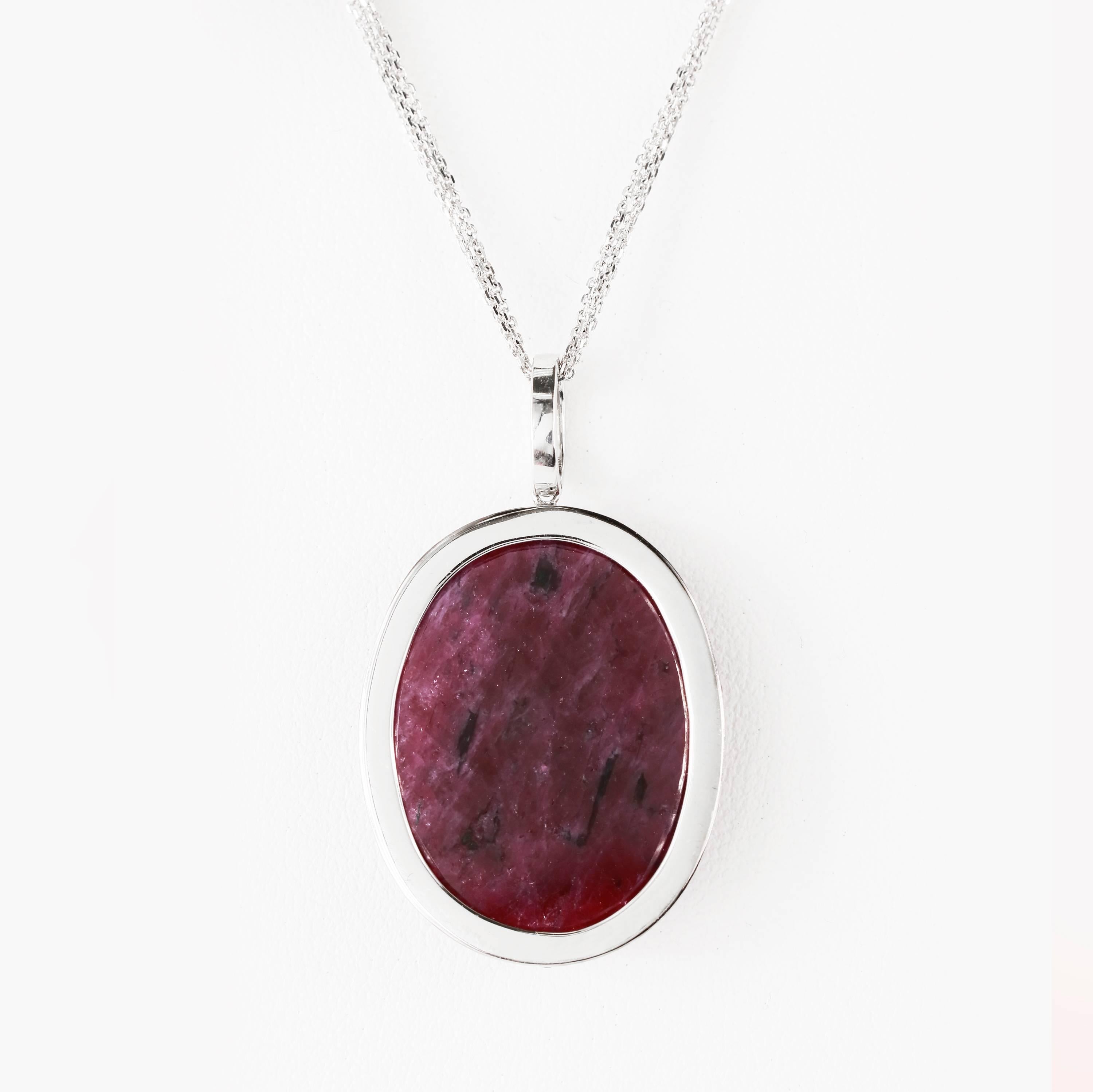27.28 Carat Oval Ruby Slice Pendant with Diamond and Ruby Halo In New Condition For Sale In Chicago, IL
