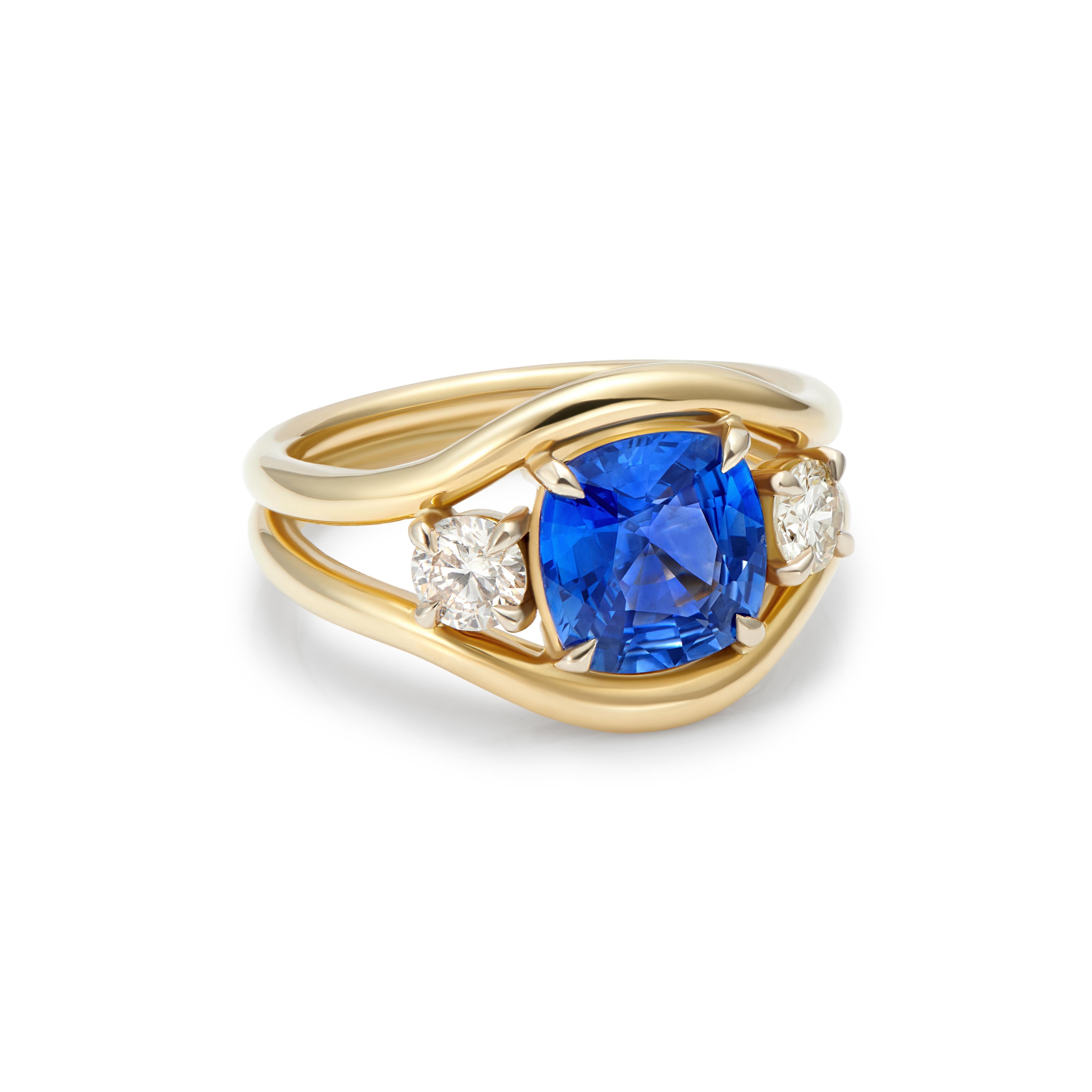 18k Yellow Gold
2.72ct Blue Sapphire
0.50ct Diamonds
Total weight of ring: 8.27g

Inspired by the elegant shape of a mermaid’s tail, this collection pays homage to oceanic treasures with beautiful pearls, shimmering diamonds, and aquatic-coloured