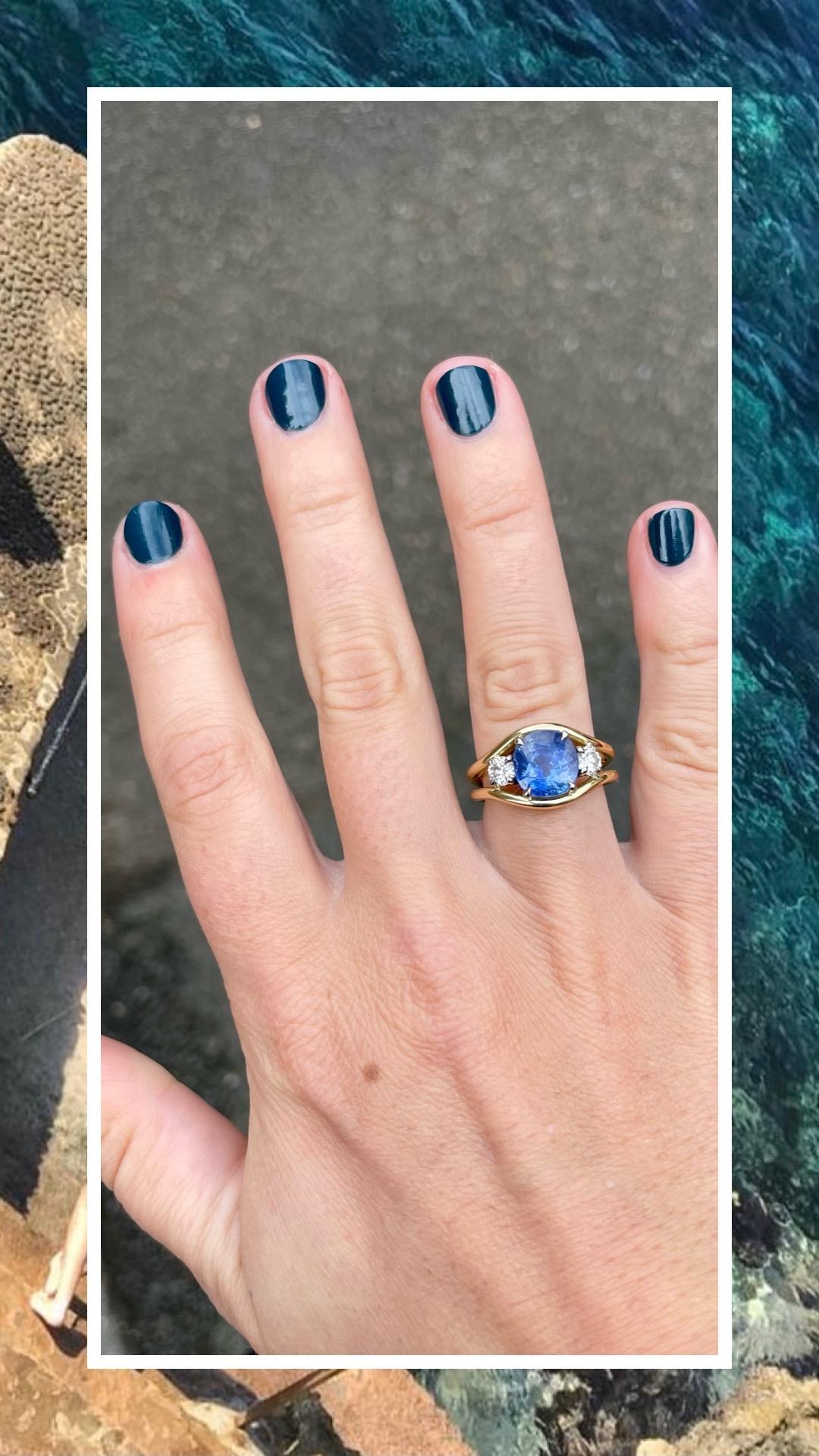 Contemporary 2.72ct Blue Sapphire and Diamond 3 Stone Ring