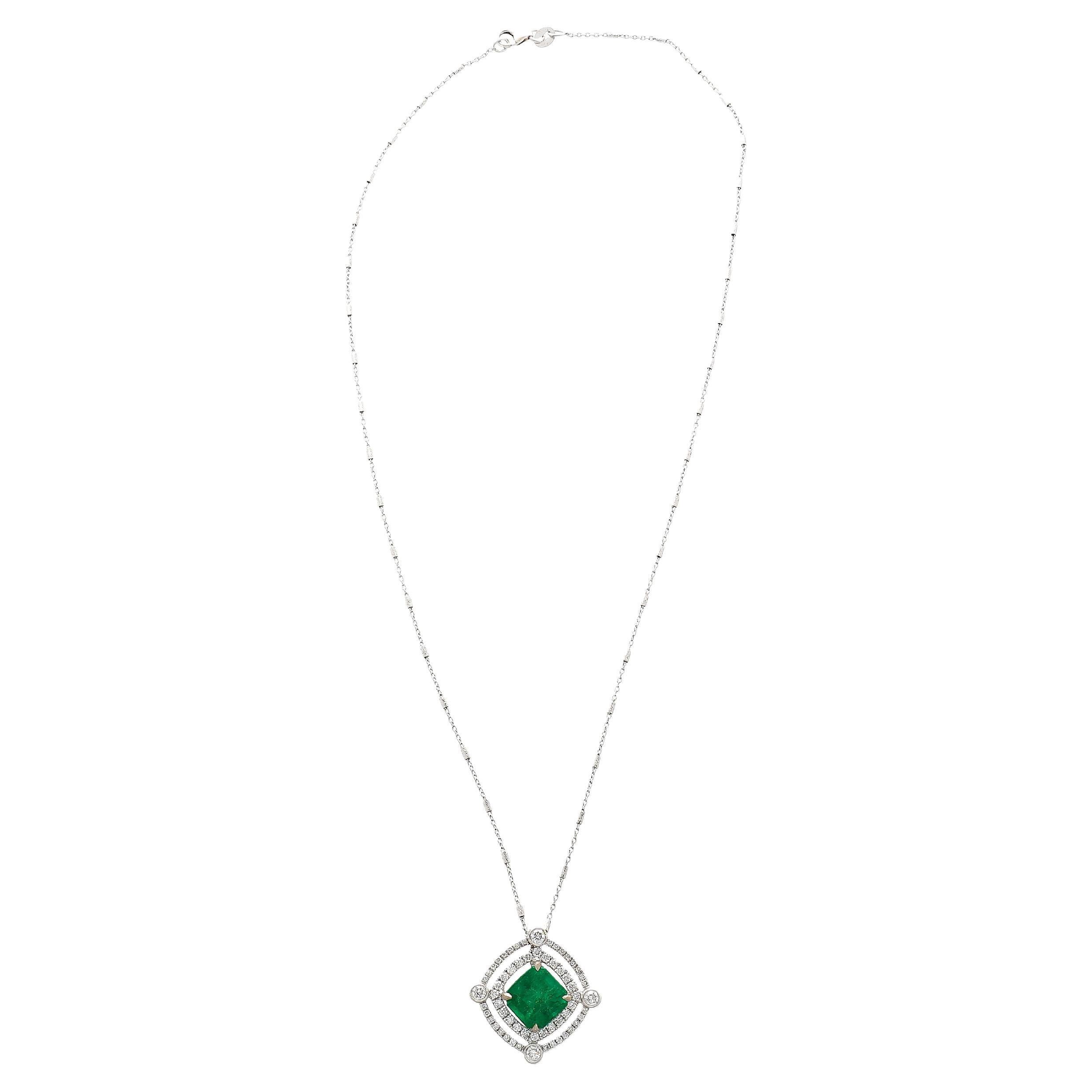 Emerald Cut 2.72CT GRS Certified Minor Oil Muzo Green Colombian Emerald Pendant Necklace For Sale
