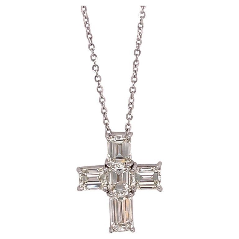 2.72CTW Emerald Cut Diamond Cross Necklace For Sale