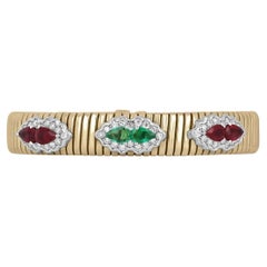 2.72tcw 18K Natural Emerald, Ruby and Diamond Thick Gold Bangle Cuff Bracelet