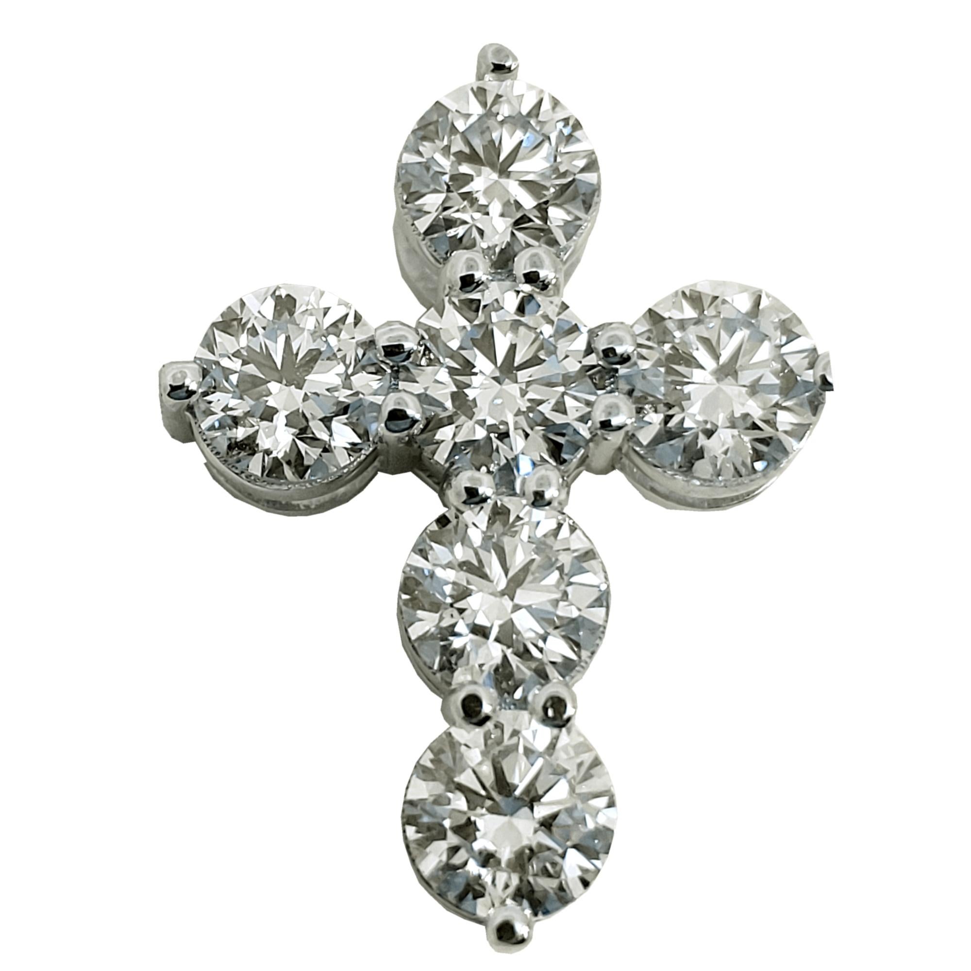 Round Cut 2.73 Carat, 14 Karat White Gold Diamond Cross Pendant For Sale