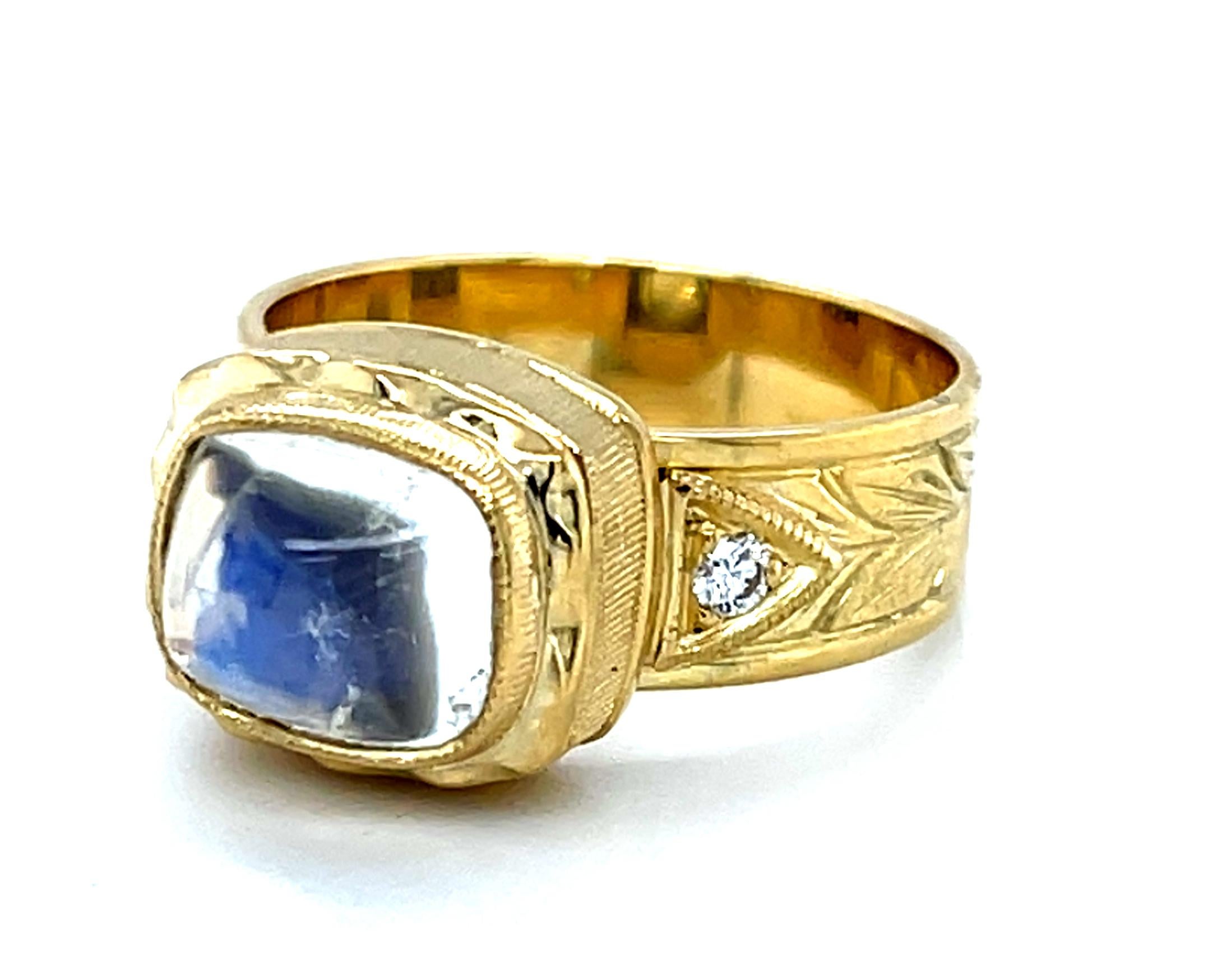Anello artigianale con pietra di luna blu e diamanti da 2,73 carati in oro giallo 18 carati in vendita 3