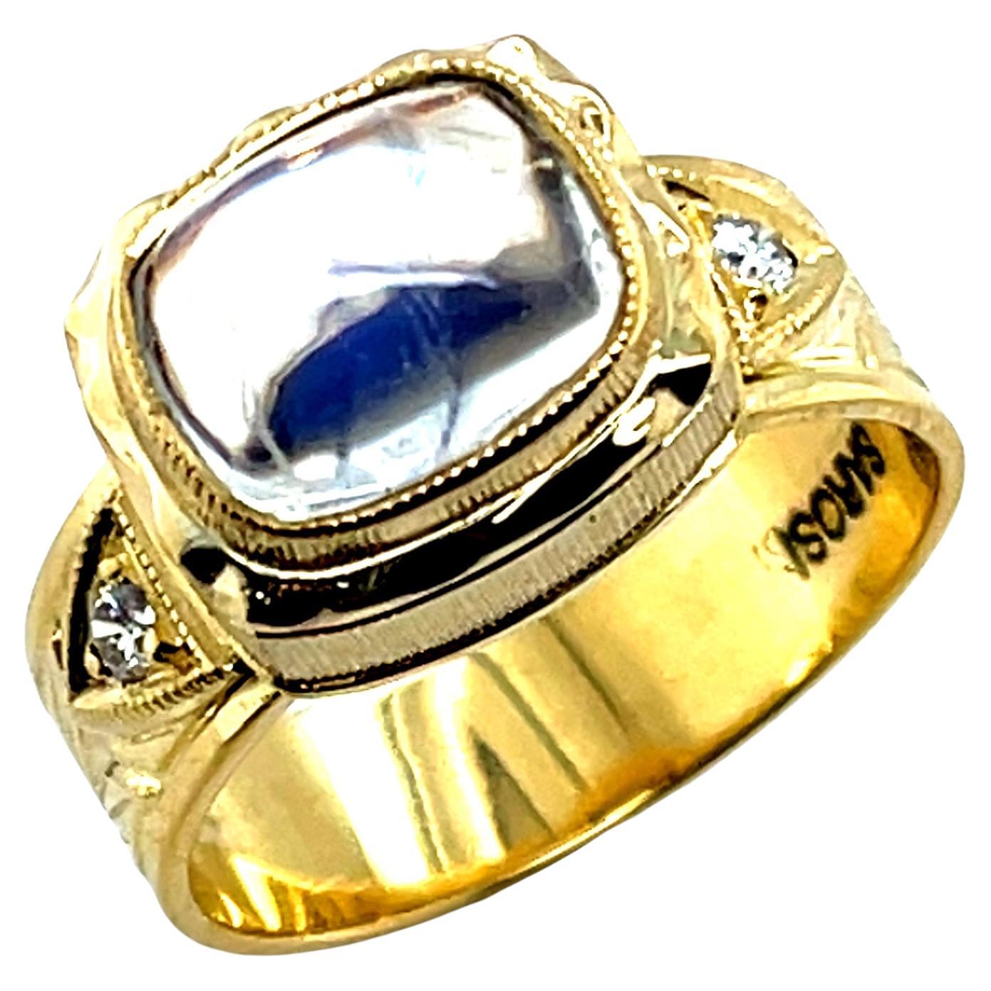 Bague artisanale en or jaune 18 carats de 2,73 carats de pierre de lune bleue et diamant en vente
