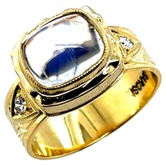 Bague artisanale en or jaune 18 carats de 2,73 carats de pierre de lune bleue et diamant