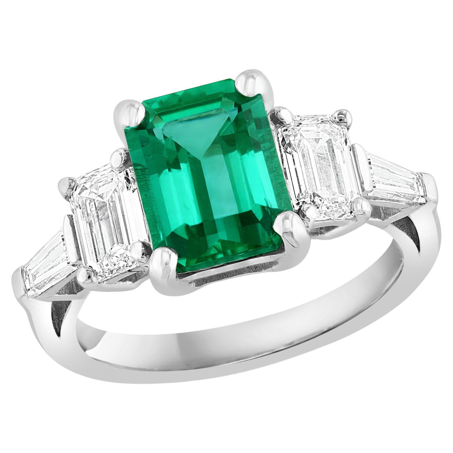 2.73 Carat Emerald Cut Emerald & Diamond Five-Stone Engagement Ring in Platinum For Sale