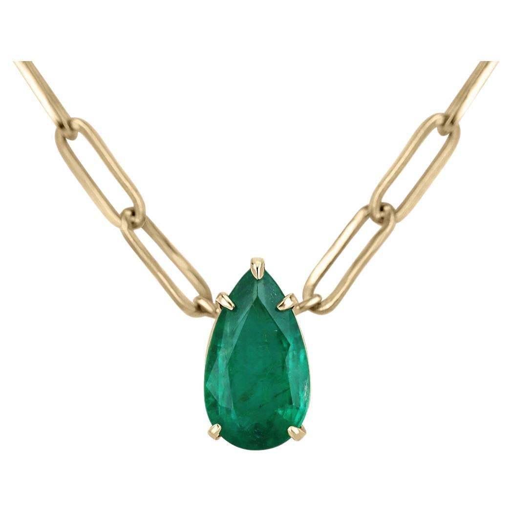 2.73 Carat Fine Quality Pear Cut Emerald Solitaire Necklace in 18K Gold