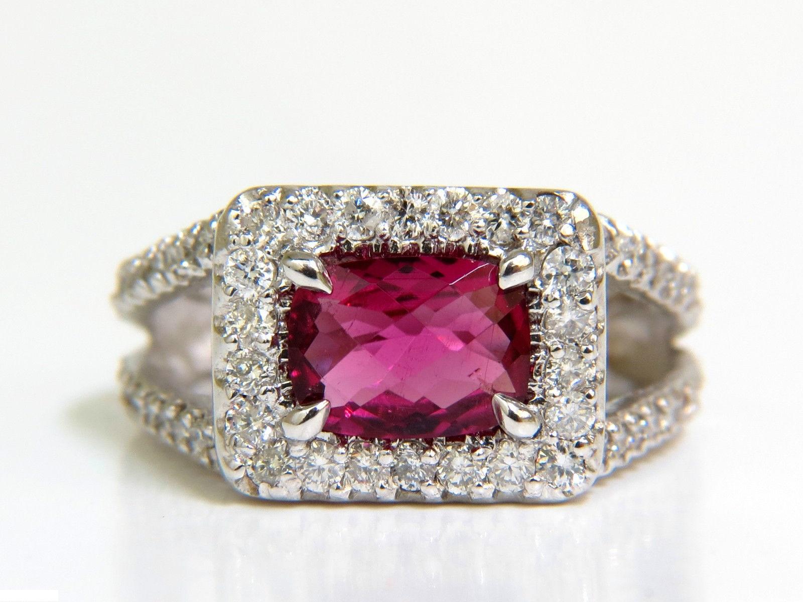 2.73 Carat Natural Bright Pink Tourmaline Diamond Ring Split Shank 14 Karat For Sale 1