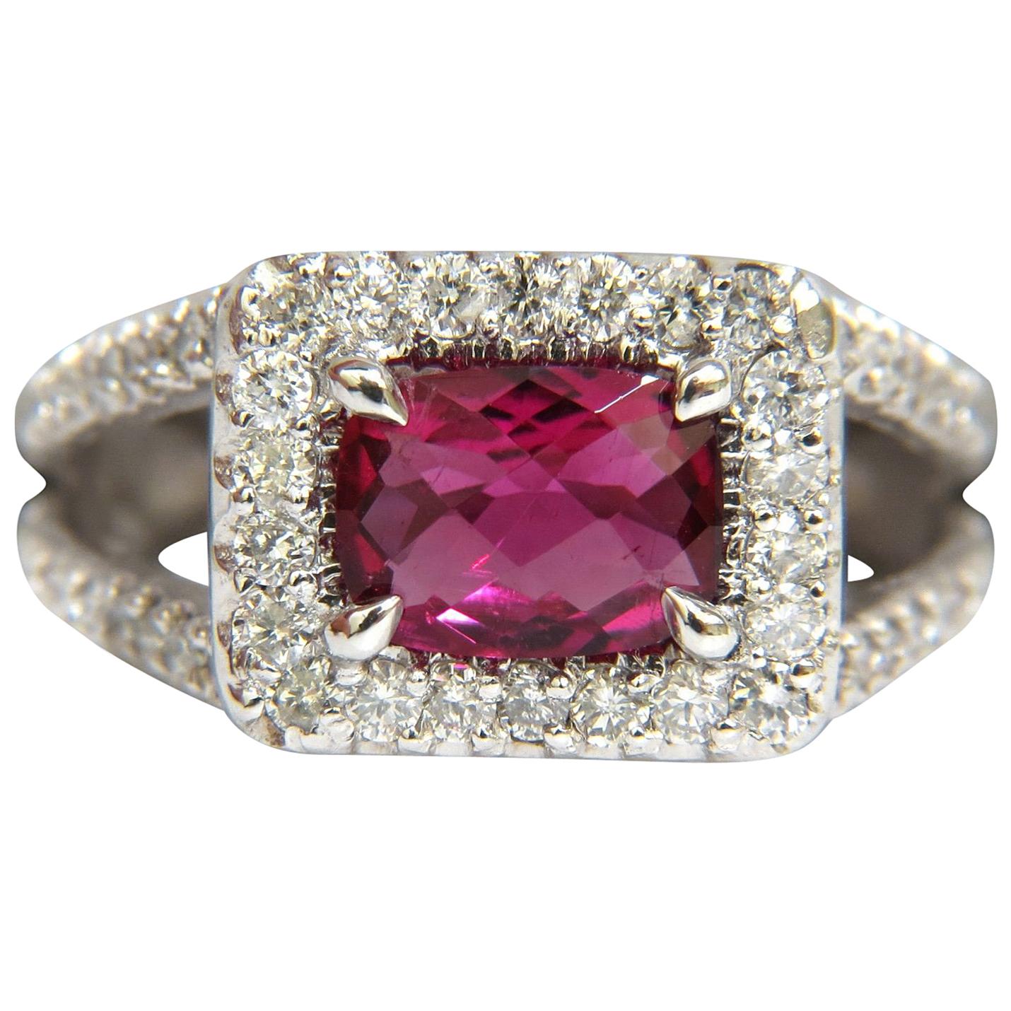 2.73 Carat Natural Bright Pink Tourmaline Diamond Ring Split Shank 14 Karat For Sale