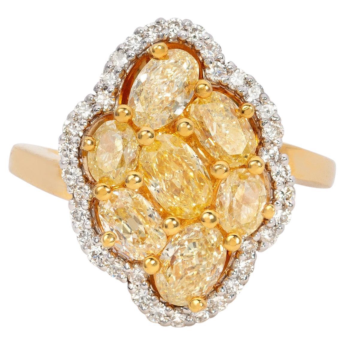 2.73 Carat Natural Fancy Yellow Diamond Cluster Ring 18K Gold